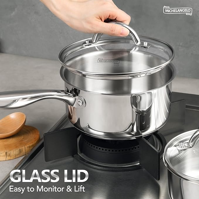 MICHELANGELO Saucepan Set 4pc, 18/10 Stainless Steel Sauce Pan with Lid, Tri-Ply Bottom Sauce Pot Set, Nonstick Saucepan, Dishwasher Safe, 1QT & 2QT