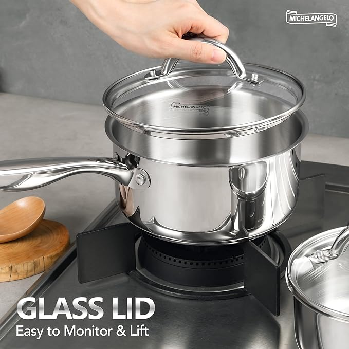 MICHELANGELO 3 Quart Saucepan with Lid, 18/10 Stainless Steel Sauce Pan with Tri-Ply Bottom, 3QT Sauce Pot, Induction Compatible