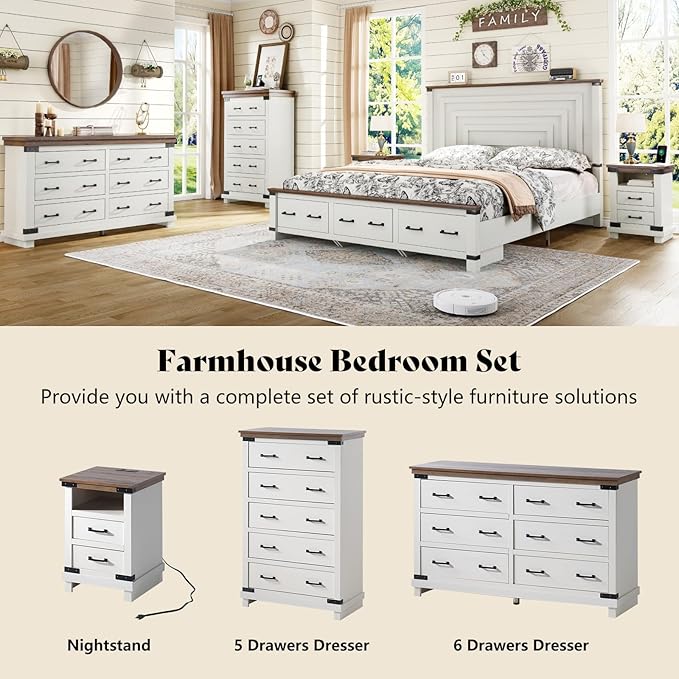AMERLIFE Farmhouse 6 Drawers Dresser Chests for Bedroom, Wood Large Chest of Drawers/w Thick Plank Styling, Rustic Heavy Duty Closet Storage Dresser Organizer, Living Room, Hallway, Antique White