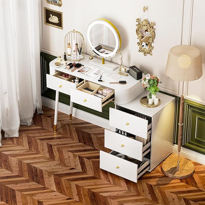 WinZo 36" Vanity Desk with Mirror and 3 Light Modes, Dressing Table Set with 5 Sliding Drawers, Makeup Desk with Charging Station, Modern Vanity for Small Spaces & Bedroom, White