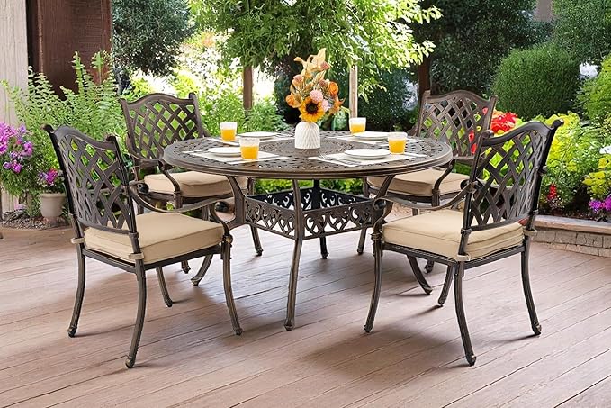 5 Piece Outdoor Dining Set Cast Aluminum, Retro Patio Dining Furniture Set for 4 Includes 54’’ Round Table 4 Chairs with Thicker Cushion and Umbrella Hole for Patio Deck Garden