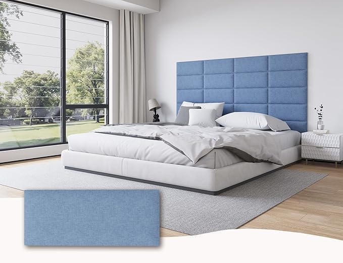 Fabric Light Blue Queen Headboard, 12PCS Wall Mounted Upholstered Panels, Stick-On Bed Wall Decor Backrest for Bedrooms, 10"x24" Each, Fabric - Light Blue