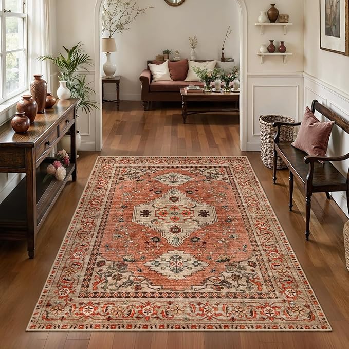 Tangsoo 3x5 Rug, Washable Vintage Rugs Indoor Area Rug, Non Slip Accent Rug, Print Distressed Taupe Carpet, Soft Low Pile Rug for Living Room Dorm Bedroom Bedside Entryway Bathroom