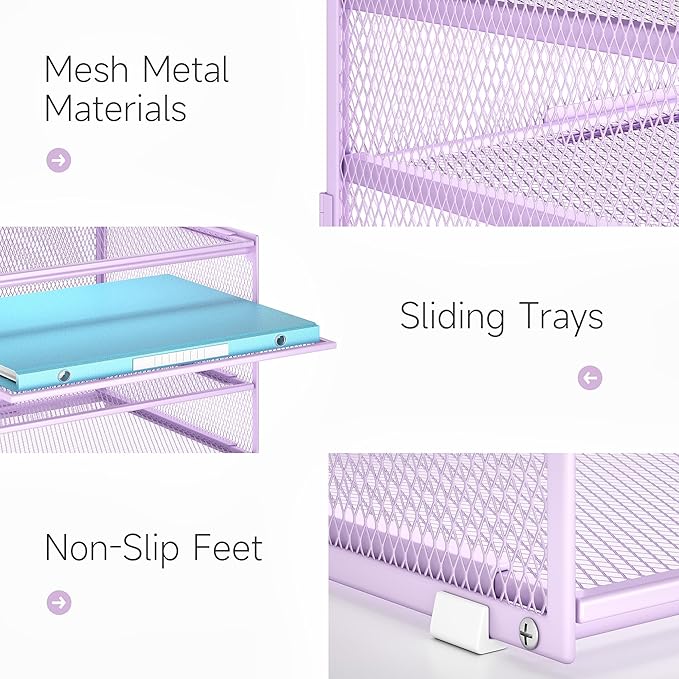 Lavatino 3-Tier Letter Tray Desk Organizer – Purple Mesh Metal Paper File Tray Organizer for Desk, Office Supplies & Home Organization | Fits A4/Letter Paper, Mail, Magazines and Office Accessories