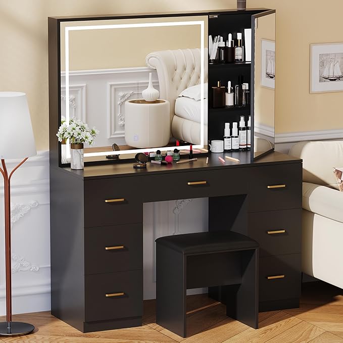 Vanity Desk with Large Mirror and Lights, Black Makeup Vanity with 7 Drawers, Adjustable Brightness Vanity Table with Glass Door Cabinet, Modern Vanity Set with Stool for Bedroom