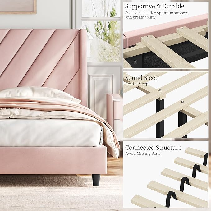 Yaheetech Queen Bed Frame Upholstered Platform Bed with Wing Side/Wooden Slat Support/Tufted Headboard with Wing Side/Mattress Foundation/No Box Spring Needed,Pink Queen Bed
