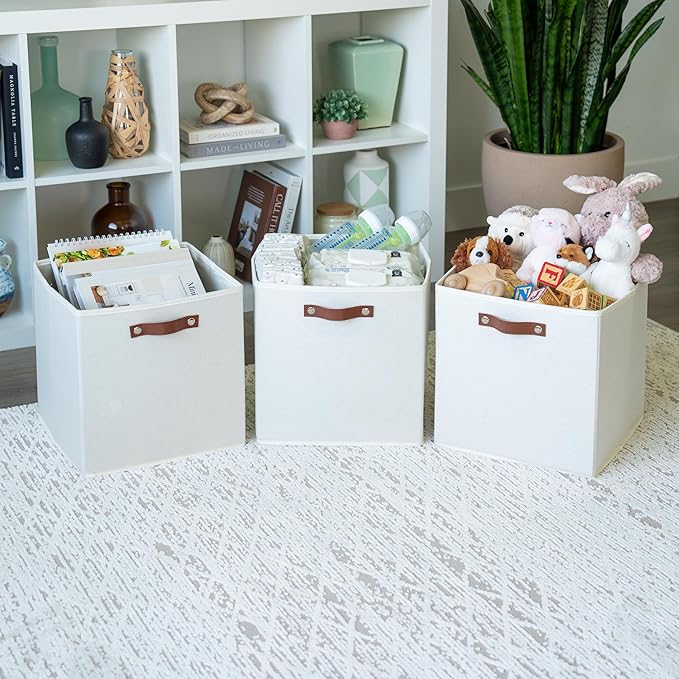 OrganiHaus 13x13 Cube Fabric Storage Bins Set of 4, Fabric Storage Cubes w/ Vegan Handles, 13 inch Collapsible Bins for Clothes & Toy Organizer, Cubbies Organizer, 13x13 Basket for Decor - White