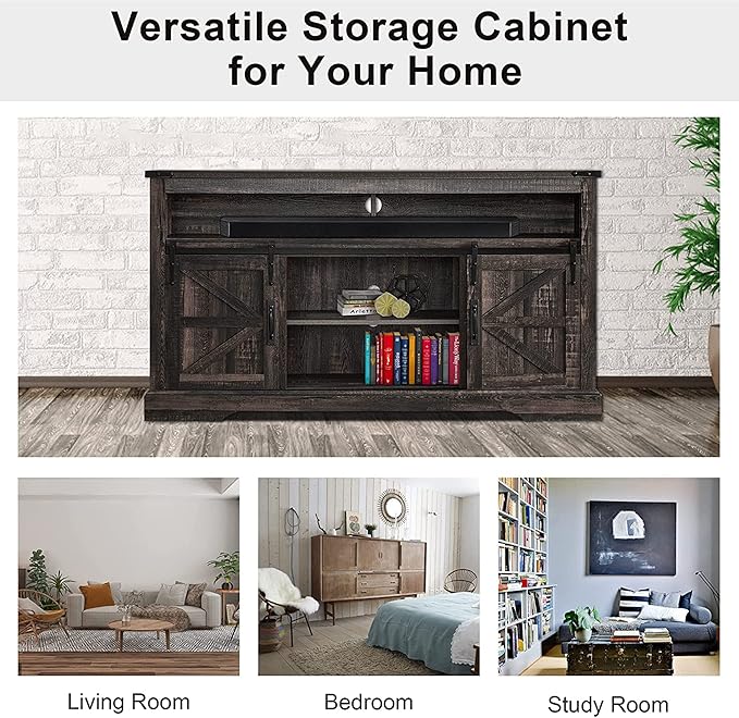 OKD Farmhouse TV Stand for 65+ Inch TV, 33" Tall Highboy Entertainment Center w/Sliding Barn Door, Rustic Media Console w/Storage Shelves, Wood Television Stand for Living Room, Dark Rustic Oak