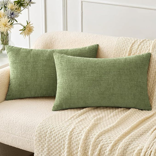 MIULEE Pack of 2 Couch Throw Pillow Covers 12x20 Inch Spring Soft Sage Green Chenille Pillow Covers for Sofa Living Room Solid Dyed Pillow Cases