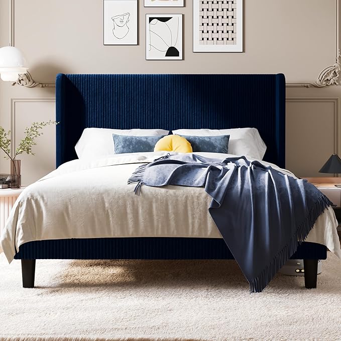 Allewie Full Size Bed Frame with Upholstered Wingback Headboard, Vertical Channel Tufted Corduroy Velvet Platform Bed, Strong Wooden Slats Support, No Box Spring Needed, Easy Assembly, Dark Blue