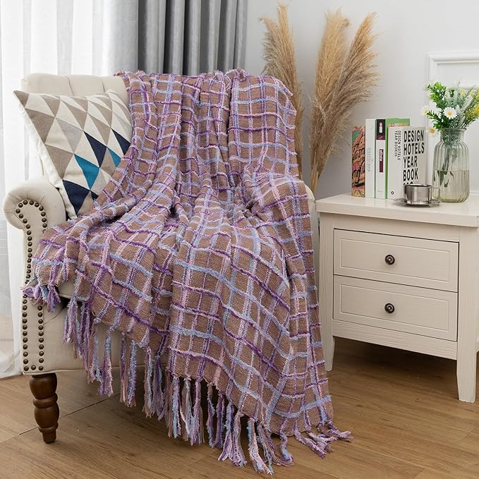Gealaek Boho Throw Blanket Lightweight Fuzzy Soft Cozy Decorative Blankets for Sofa Bed Farmhouse Throw Blanket Mexcican Blanket with Tassel Khaki Purple Pink Textured 50" x 60"