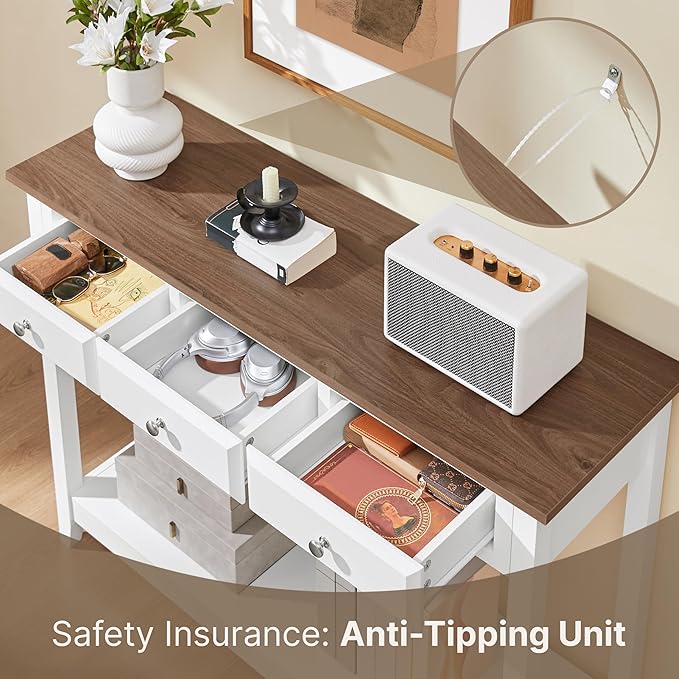 Yaheetech Farmhouse Console Table with 3 Drawers, Modern Wood Entryway Table, Narrow Long Sofa Table with Storage Shelf for Hallway, Living Room, Front Hall, Foyer, Rustic Vintage, White & Brown