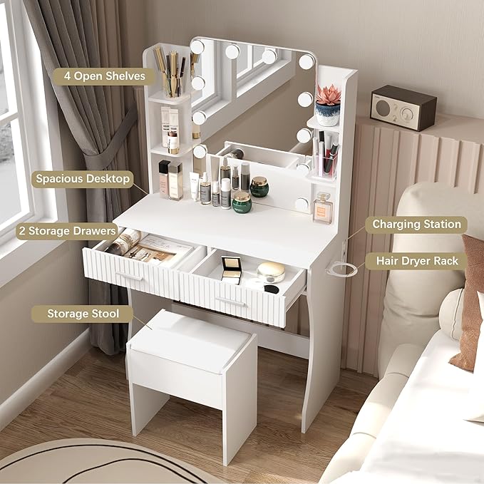Small Vanity Desk with Mirror and Lights, Makeup Vanity Desk with 3 Color Modes Adjustable Bulb, 2 Large Drawers and 4 Open Storage Shelves, White Vanity with Charging Station for Bedroom