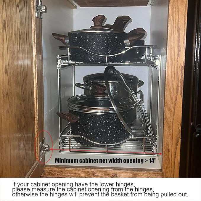 DINDON 2 Tier Pull Out Cabinet Organizer (14" W X 18" D), Double Tier Wire Basket Slide Out Shelf Storage for Kitchen Base Cabinet Organization for Kitchen, Pantry, Bathroom, Chrome