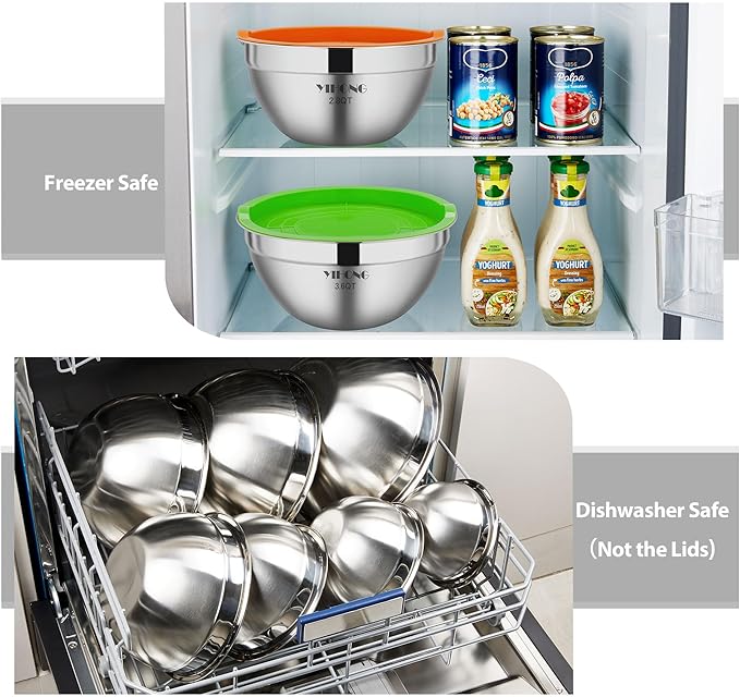YIHONG 7 Piece Metal Mixing Bowls with Lids for Kitchen, Stainless Steel Set Ideal for Baking, Prepping, Cooking and Serving Food, Nesting Design for Space Saving Storage