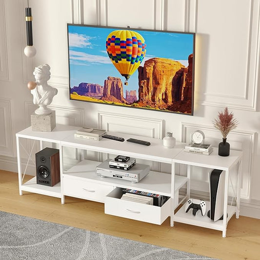 TV Stand with Fabric Drawers for 55 60 65 Inches TV - Entertainment Center and Industrial TV Console Table with Open Storage Shelves for Living Room, Bedroom - 55.1" White