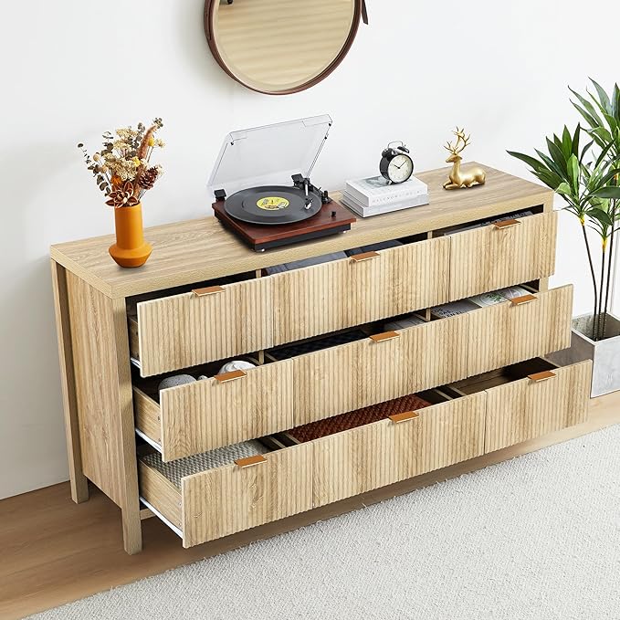 Fluted 9 Drawer TV Stand Dresser for Bedroom, Mid Century Modern Dresser with Drawers, Storage Organizer with 9 Drawers, Fluted Cabinet for Closet Cloth, Living Room, Entryway -Natural