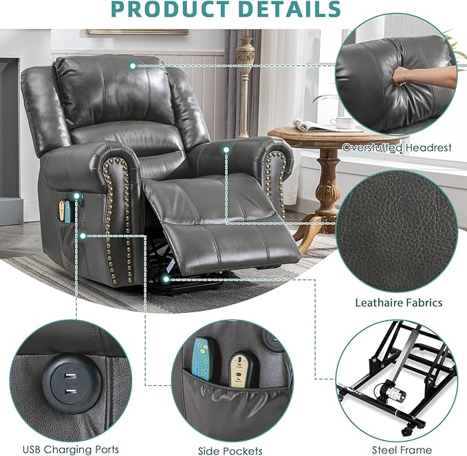 MEETWARM Large Power Lift Electric Recliner Chair for Elderly with Massage and Heat, Overstuffed Wide Recliner, Heavy Duty Sofa for Living Room with 2 Remote Control/USB Ports/Side Pockets(Gray)