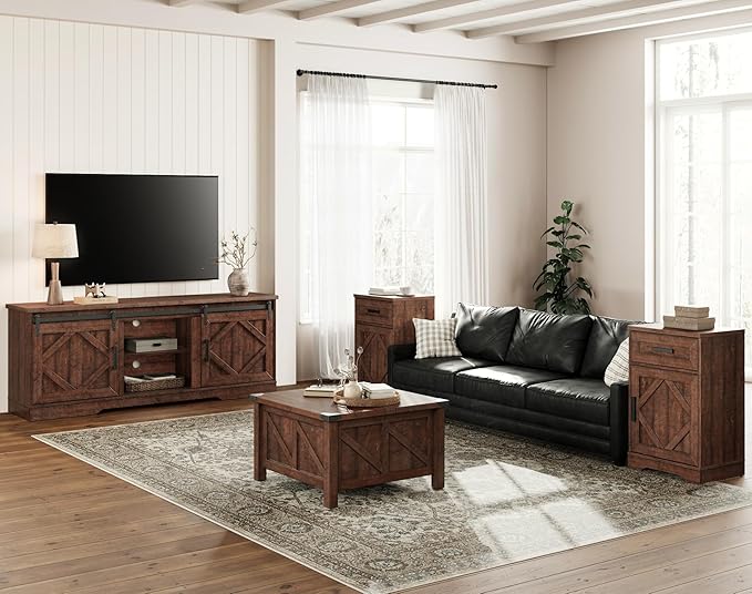 WAMPAT Modern Farmhouse TV Stand for TVs up to 75 inch with Sliding Barn Door,Wood Entertainment Center with Adjustable Media Storage Shelf for Living Room, Rustic Brown