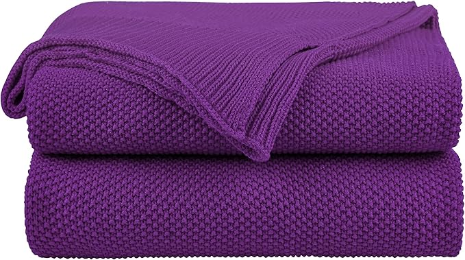 PiccoCasa 100% Cotton Knit Throw Blanket,Solid Lightweight Decorative Throws and Blankets,Soft Knitted Throw Blanket for Sofa Couch, Purple, 50" x 60"