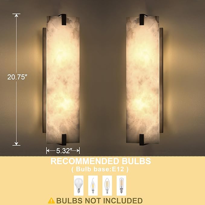 2 Light 20.7" Natural Square Alabaster Marble Bathroom Wall Sconce Modern Concise Style Wall Light Fixture,Oil Rubbed Bronze Finish for Bedroom Hallway Bedside