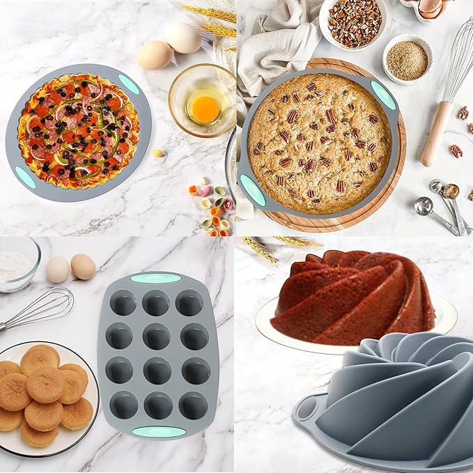 To encounter 49 Pieces Silicone Bakeware Set, Heat Resistant Baking Pans, Nonstick Baking Molds for Cake, Bread and Muffin, with Measuring Cups and Spoons Set, Light Grey
