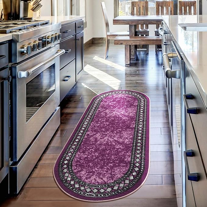 Antep Rugs Alfombras Modern Bordered 2x5 Non-Skid (Non-Slip) Low Profile Pile Rubber Backing Kitchen Area Rugs (Purple, 2' x 5' Oval)