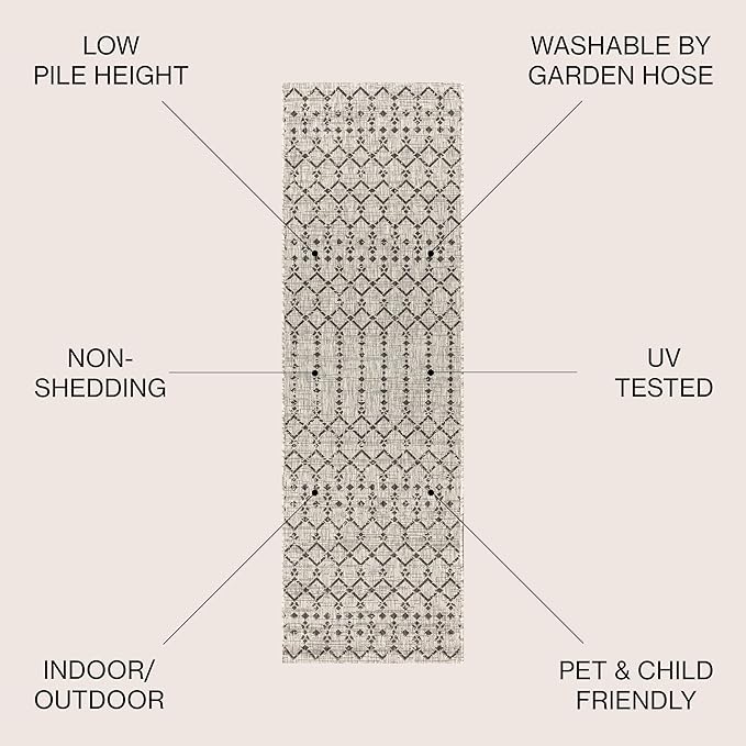 JONATHAN Y SMB108E-210 Ourika Moroccan Geometric Textured Weave Indoor Outdoor Runner Rug, Bohemian, Rustic, Scandinavian Easy Clean,Bedroom,Kitchen,Backyard,Patio, Non-Shed, Light Gray/Black, 2 X 10