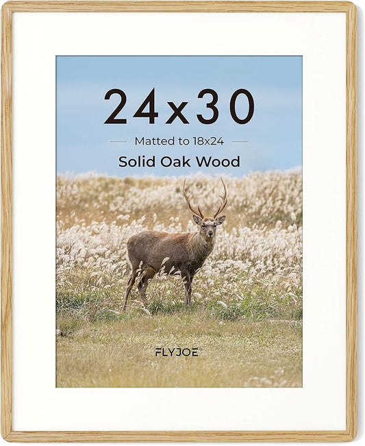 24x30 Frame - Solid Oak Wood 24x30 Poster Frame, 24''x30'' Puzzle Frame With Mat For 18x24, Tempered Glass and Hanging Hardware Included, Minimalist 24 x 30 Frame Wood, Natural Oak