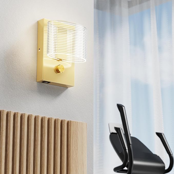 URSOLA Wall Sconce LED Wall Lamp with Dimmer Switch and USB Charging Port Oval Linear Sleek Lampshade 110 Volt Hardwired Wall Light 4000K Sconces Wall Lighting (Gold)