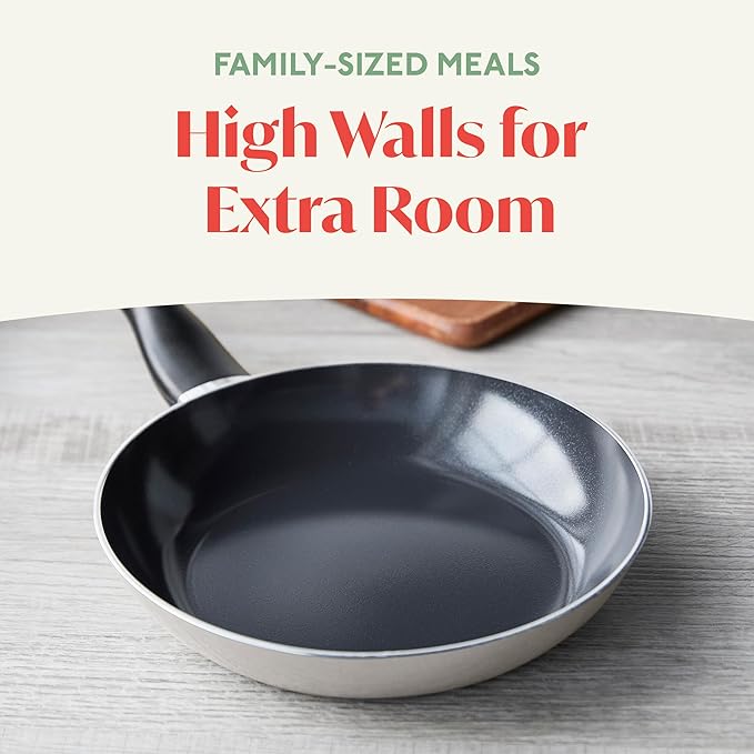 Deco 9.5” Nonstick Frying Pan Skillet, Made in Italy, Diamond Ceramic PFAS-Free, Dishwasher & Metal Utensil Safe, Durable Gloss Enamel Finish, Stay-Cool Handle, High Walls-Extra Room, Taupe