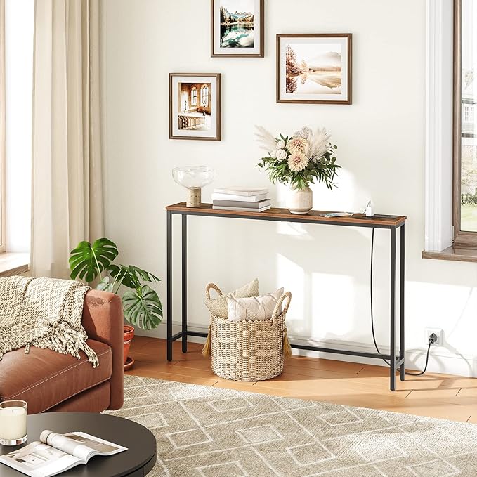 HOOBRO 47.2" Narrow Console Table with Power Outlets, 5.9" Behind Couch Table with Charging Station, Long Sofa Table, Skinny Entryway Table for Living Room, Hallway, Foyer, Rustic Brown BF15XG01G1