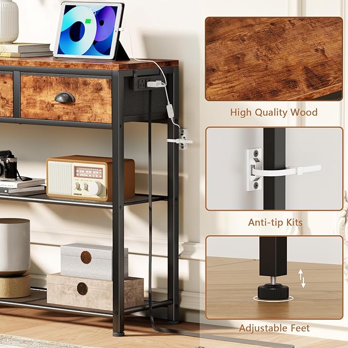 Furologee Console Table with Charging Station & 3 Fabric Drawers, 38'' Entryway Table with Storage Shelves and LED Light for Entry Way, Industrial Display Shelf for Hallway, Foyer, Rustic Brown