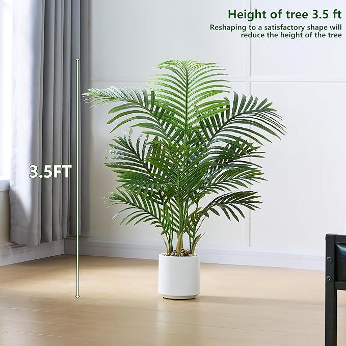 Artificial Palm Tree 3.5FT Tall Fake Tree with White Taper Planter & Pebbles, UV Resistant for Indoor & Outdoor Decor - Large Potted Faux Plant for Living Room, Office, Home Decor