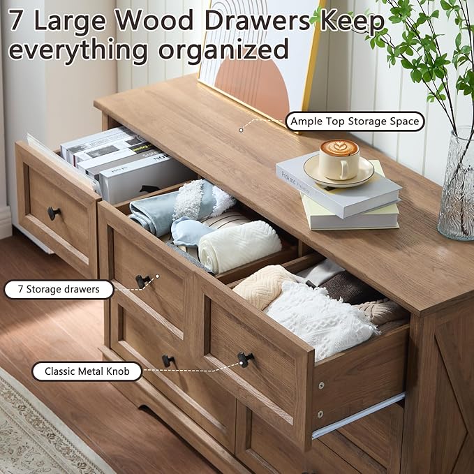 Farmhouse 7 Drawers Dresser for Bedroom with Charging Station, Rustic 7 Chest of Drawers, Wood Dressers for Closet, Modern Storage Organizer Cabinet for Living Room,Hallway & Entryway, Natural Oak