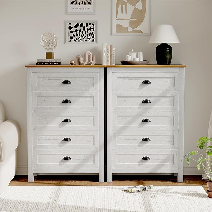 5 Drawer Dresser, Farmhouse Tall Dresser for Bedroom, Antique White Chest of Drawers, Modern Dressers for Bedroom, Closet