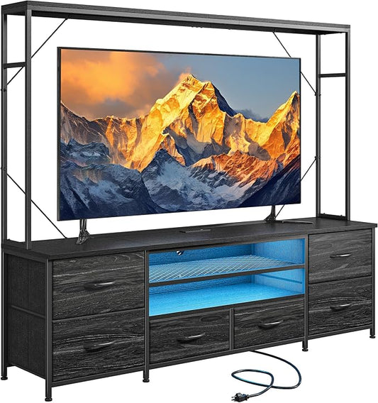 TV Stand for 55 60 inch TV, Large Wall Unit Entertainment Center with LED Lights & Power Outlets, TV Stands for Living Room, Closet, Entryway,13.8" D x 55" W x 61" H, Black