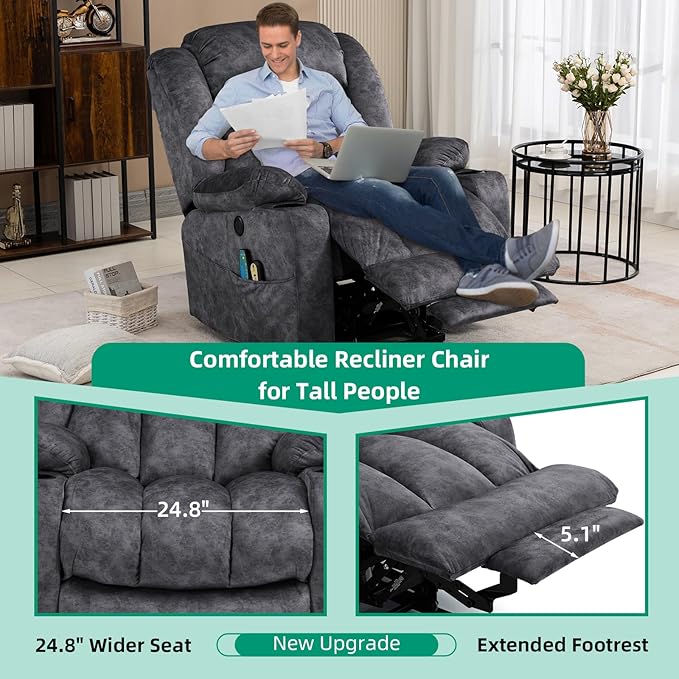 VIVIJASON Tall Man Large Power Lift Recliner Chair with Massage and Heat for Elderly, Overstuffed Wide Electric Lift Recliner w/Extended Footrest, 2 Cup Holder, Side Pockets & USB Ports, Fabric Grey