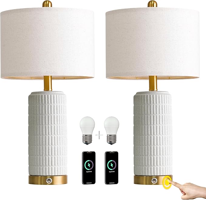 PoKat Touch Bedside Table Lamps with USB Ports for Bedroom, 25'' Dimmable Nightstand Touch Lamps for Night Stands, White Ceramic Lamps with Gold Base for Living Room End Side Table, Frosted White