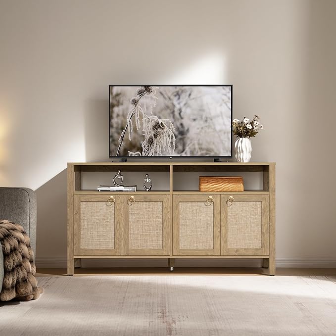 SICOTAS Rattan TV Stand for Television up to 120 Inch - Large Entertainment Center with Storage and Open Shelves, Boho Media TV Console Cabinet with Doors and Adjustable Shelf for Living Room