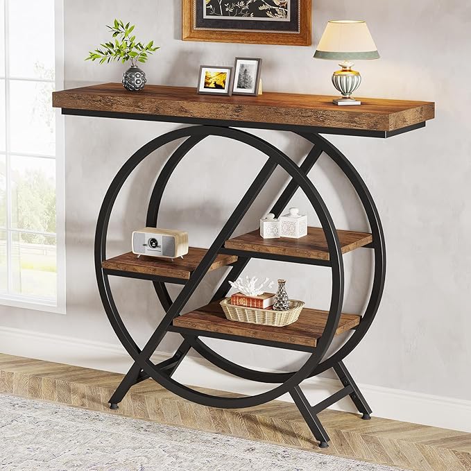 Tribesigns Console Table, 40-Inch Entryway Table with Storage Shelves, 4-Tier Industrial Hallway Sofa Table with Geometric Metal Frame, Accent Table for Living Room, Entryway, Rustic Brown