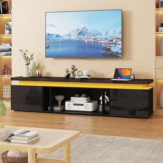 83Inch LED TV Stand for 95Inch TV, Modern TV Stand with Power Outlet, High Gloss TV Console Entertainment Center with Storage for Living Room (83 Inch, Black)