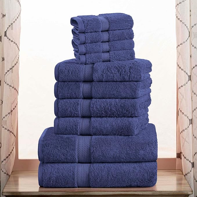 Superior Egyptian Cotton Pile 10 Piece Towel Set, Includes 2 Bath, 4 Hand, 4 Face Towels/Washcloths, Ultra Soft Luxury Towels, Thick Plush Essentials, Guest Bath, Spa, Hotel Bathroom, Navy Blue