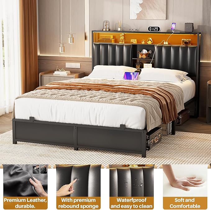 Aheaplus Full Size Bed Frame with Charging Station & Led Light, Platform Bed with Leather Upholstered Headboard and Storage, Metal Slats Support, No Box Spring Needed, Noise-Free, Black