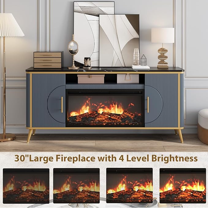 Fluted Fireplace TV Stand Up to 80" TVs, Modern Entertainment Center with 30" Electric Fireplace, Luxury Media Console with Adjustable Shelves for Living Room, Navy Blue