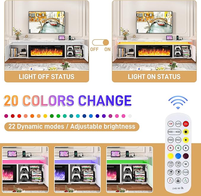 Fireplace TV Stand for 95" TV, 83" LED TV Stand with 40" Electric Fireplace & Power Outlet, High Gloss Surface, 2 Storage Cabinet, Modern Style (83 Inch, White)