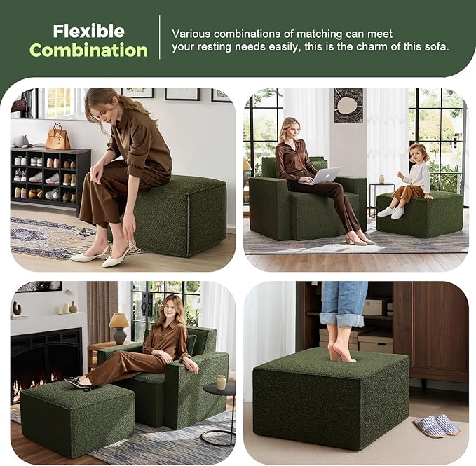 ELUCHANG Oversized Accent Chair with Ottoman,Modern Boucle Sofa Chair with Strong Wood Frame,High Supportive & Soft Sponges Comfy Upholstered Armchair Reading Chairs for Apartment Green