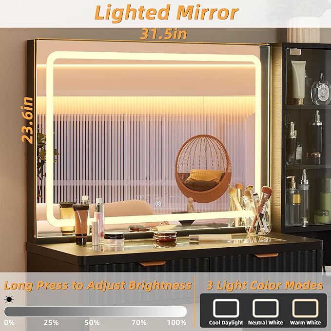 LEYAOYAO Vanity Desk with Mirror and Lights, 43.5'' Fluted Makeup Vanity with 6 Drawers and Adjustable Shelves, Black Wood Make Up Vanity Dressing Table with Glass Top and Power Outlet for Bedroom