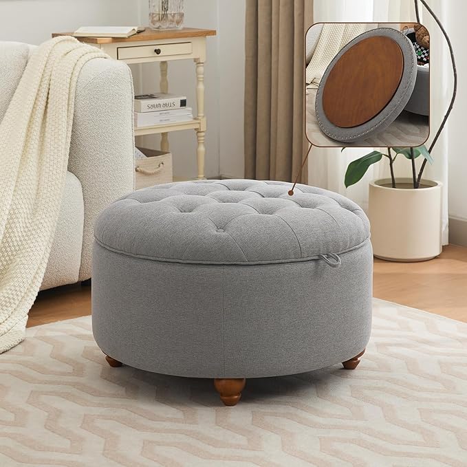 30Inch Round Storage Ottoman with Tray, Modern Tufted Fabric Circle Coffee Table with Storage, Upholstered Ottoman with Removable Top for Living Room, Bedroom, Light Grey