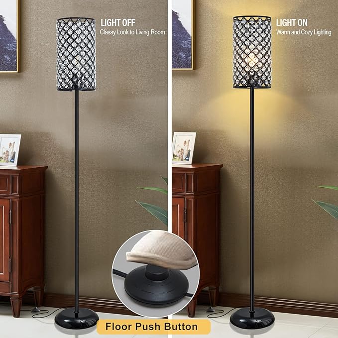 Crystal Floor Lamp, Modern Standing Lamp with Elegant Shade Black Floor Lamp with On/Off Foot Switch,Tall Pole Accent Lighting for Living Room, Girl Bedroom, Dresser, Office